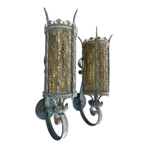 Vintage 1920s Gothic/Spanish Revival Sconces With Original Stained Glass Inserts - A Pair