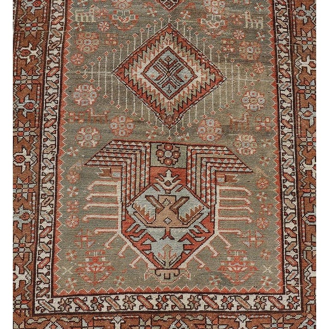 Antique Persian Long Serapi Runner With Multi Medallions in Green, Blue, Orange For Sale - Image 9 of 14
