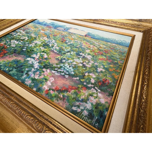 Green Annella Low (American, 1934-2024) Original Signed and Framed Oil on Canvas C1988 Titled 'Flower Farm' For Sale - Image 8 of 15