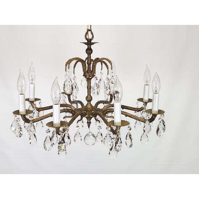 Antique 8 Arm Dark Patina Opulent Brass Cut Lead Glass Crystal Chandelier For Sale - Image 13 of 15