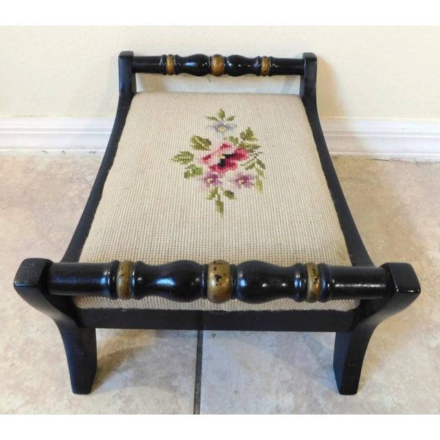 Wood Vintage Mid-Century Hitchcock Black & Gold Floral Needlepoint Footstool For Sale - Image 7 of 14