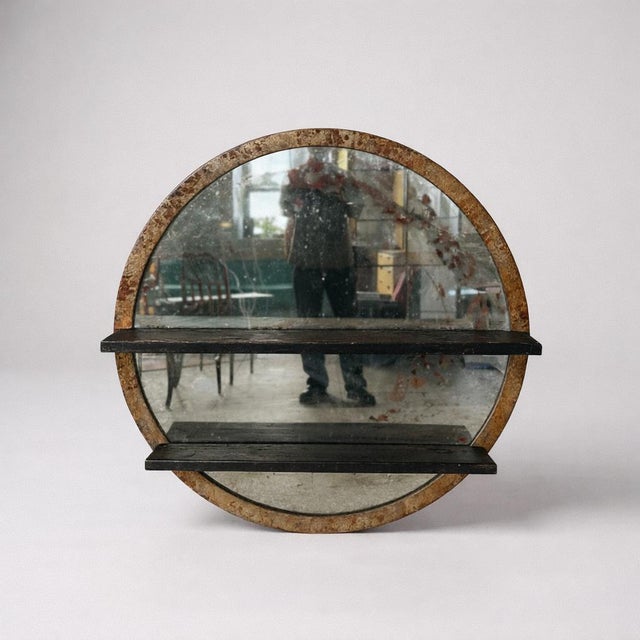 Large Industrial Circular Mirror with Shelves For Sale - Image 9 of 9