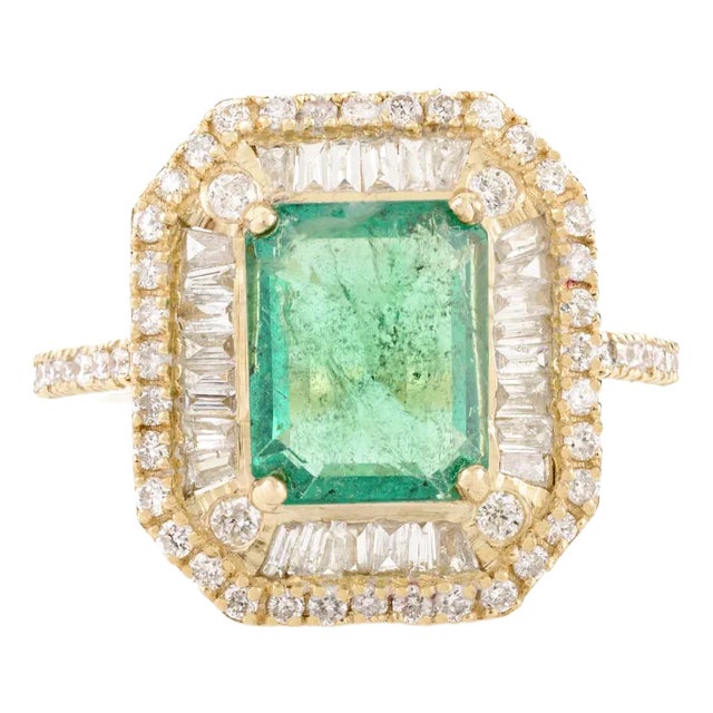 Bewitching Elate Ring With Emerald & Double Halo Diamonds Size 5 For Sale