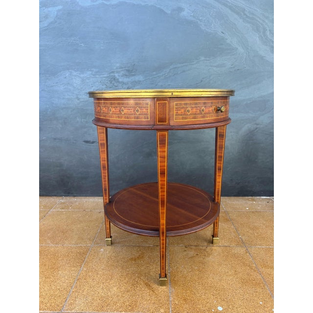 French Louis XVI Style Round Side Table with Marquetry and Drawer, 1930s For Sale - Image 10 of 13