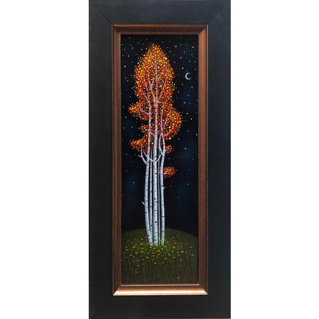 This artwork features a cluster of slender trees adorned with vibrant autumn foliage, set against a deep, starry night...