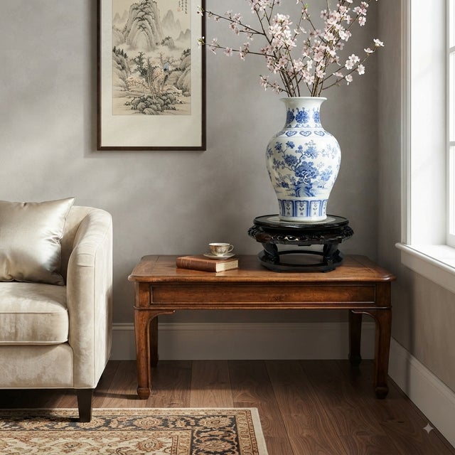 This low-profile tabletop display stand combines rich, dark-toned carved wood with a smooth, inset marble centerpiece. The...