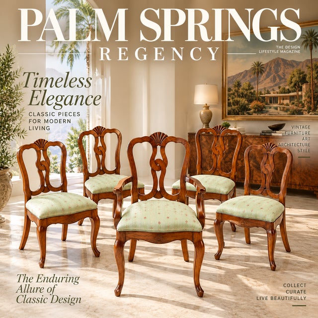 Elevate your dining space with this spectacular narrative-driven set of five, circa 1970s, Italian dining chairs crafted...