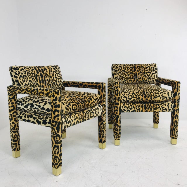 Textile Leopard Parsons Chairs With Brass Sabots, Custom - A Pair For Sale - Image 7 of 12