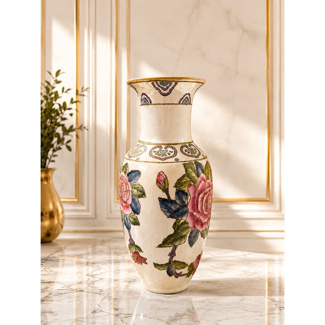 Vintage Hand-Painted Asian Porcelain Floral Vase | Pink Roses, Purple Flowers, Gold Trim 12.5in For Sale In Sacramento - Image 6 of 9