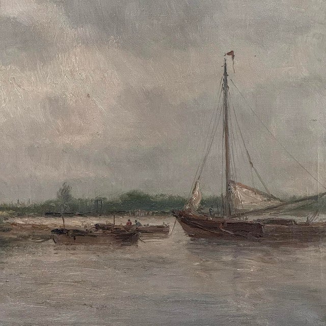 19th Century Belgian Oil on Canvas Painting of Riverboats by Romain Steppe in Original Gilt Frame For Sale - Image 11 of 16