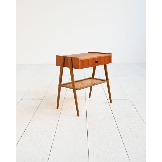 Scandinavian Teak Bedside Table with Rattan Shelf, 1950s For Sale - Image 3 of 13