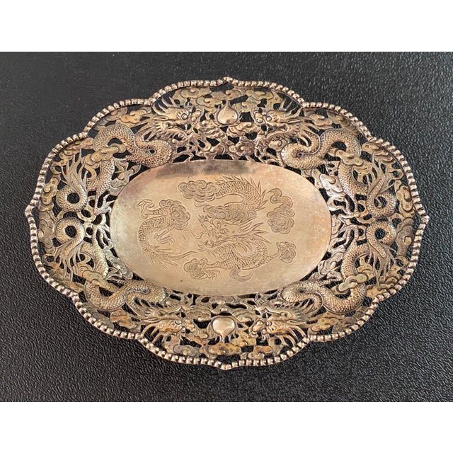 Silver Late 19th Century Wang Hing Chinese Sterling Silver Reticulated Dish With Dragon and Bat Motifs For Sale - Image 8 of 8