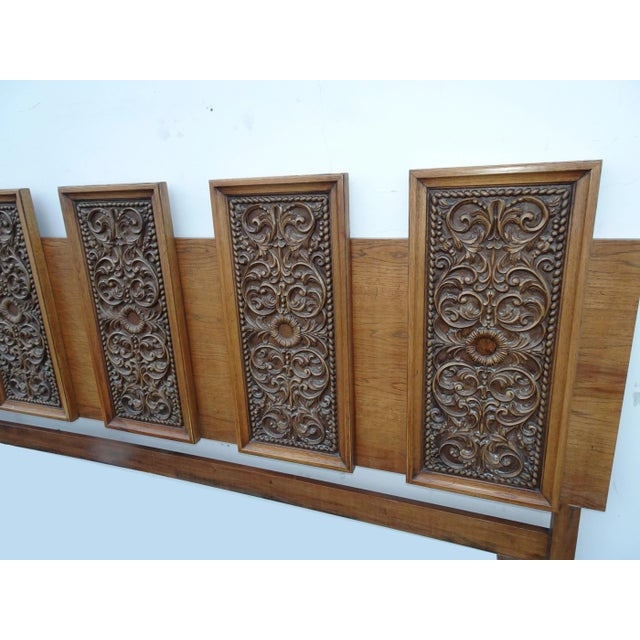 Drexel Headboard ~ Vintage Drexel Mid-Century Modern Spanish Style King W Five Carved Panels For Sale - Image 4 of 13