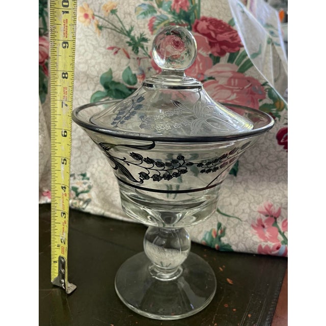 Metal Vintage Mid 20th Century Marked Sterling Silver Overlay Footed Glass Compote With Lid in Lily of the Valley Pattern For Sale - Image 7 of 9