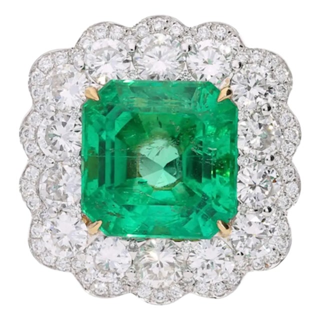 Grs Certified 8.04 Carat Minor Oil Colombian Emerald & Diamond Halo Ring For Sale