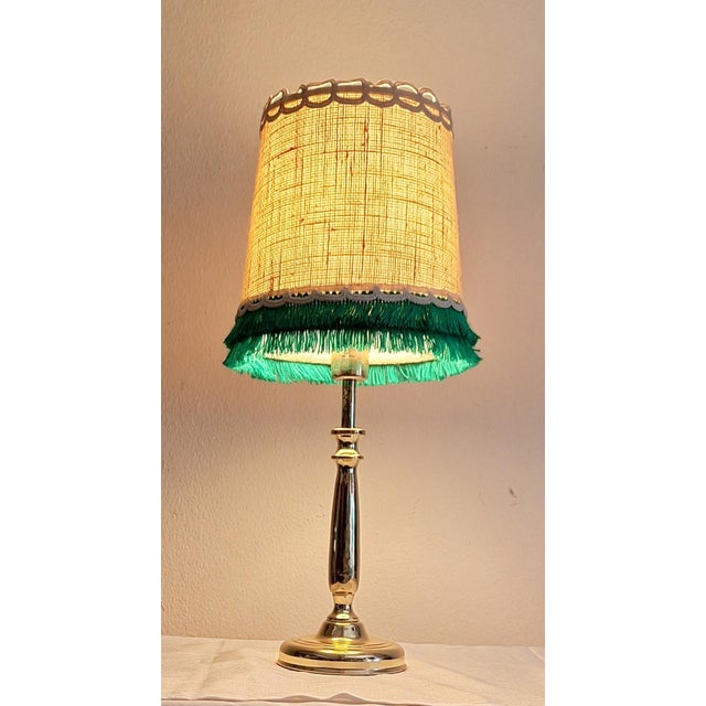 1990s Vintage Brass Pilot Table Lamp with Fabric Shade and Green Trim, 1990s For Sale - Image 5 of 8