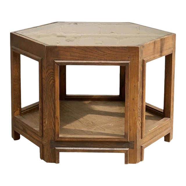 Vintage Hexagonal Wood Side Table With Glass Top For Sale