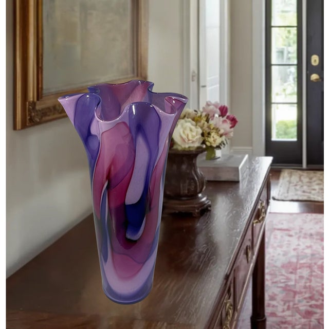 12/ 1/4 In. Tall Signed Purple Swirl Fazzoletto Lip Studio Art Glass Vase For Sale - Image 9 of 13
