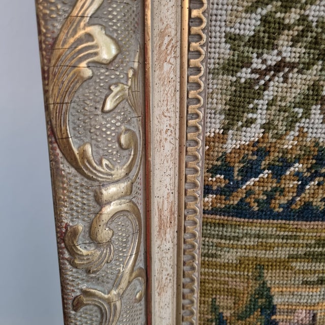 Textile Antique Handmade Gobelin Large Victorian Needlepoint Cottage Scene Wall Art Wool Tapestry in Gilded Baroque Frame, 19th Century For Sale - Image 7 of 11