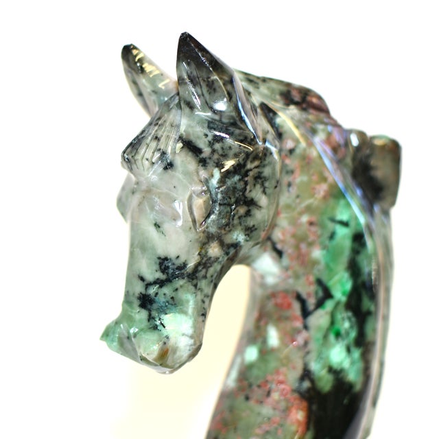 Natural Emerald Gemstone Horse Bust Sculpture Hand Carved Cherry Blossom For Sale - Image 12 of 13