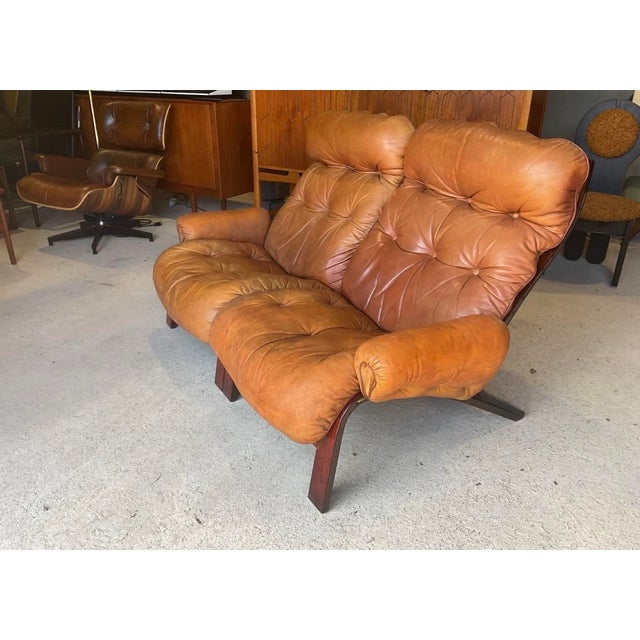 Wood Mid-Century Modern Norwegian Tan Leather Two-Seater Sofa by Oddvin Rykken for Rybo Rykken & Co For Sale - Image 7 of 17