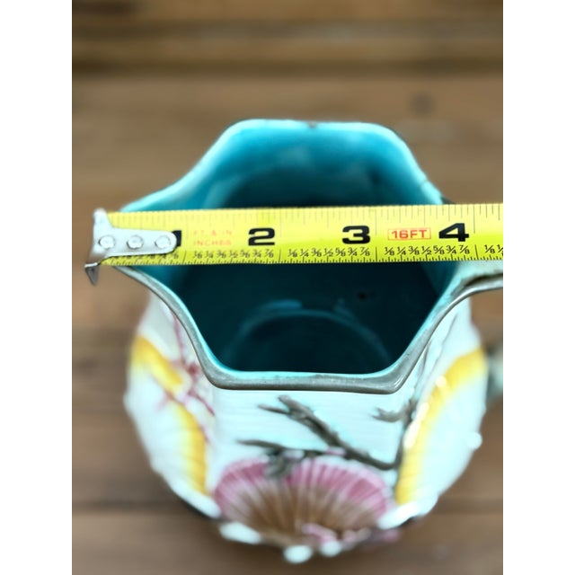 Victorian Antique Wedgwood Majolica Seashell Pitcher – Turquoise Interior, Victorian Seaweed Pattern (C. 1870s) For Sale - Image 3 of 5