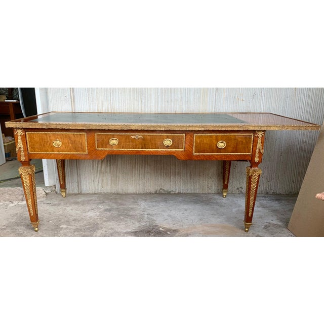 French Louis XVI Style Writing Desk Bureauplatt, Bronze Gilt Mounts Leather Top For Sale - Image 17 of 18