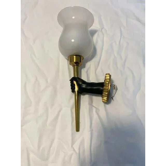 Art Deco C1920's French Art Deco Gilt & Patinated Bronze "Hand Torch" Wall Sconce with Opaline Shade Style Andre Arbus For Sale - Image 3 of 10