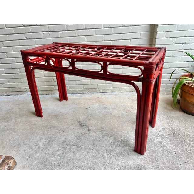 Chinoiserie Vintage Red Split Reed and Rattan Glass Top Console Entry Table - Newly Painted For Sale - Image 3 of 12