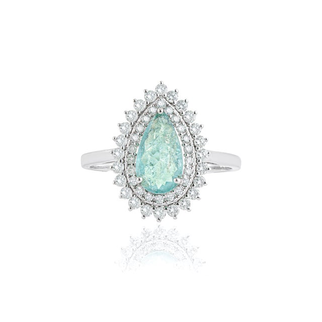 VR Jewels 14k White Gold Double Halo Diamond Paraiba Tourmaline 1Carat Engagement Ring Size 5.5 For Sale - Image 4 of 18