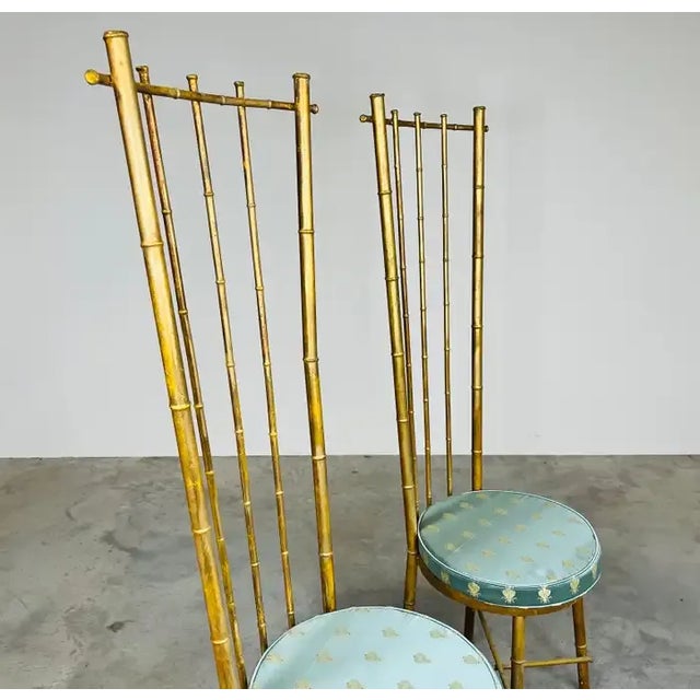 Vintage Pair of Hollywood Regency Gold Gilt Metal Faux Bamboo High Back Chairs For Sale - Image 4 of 10