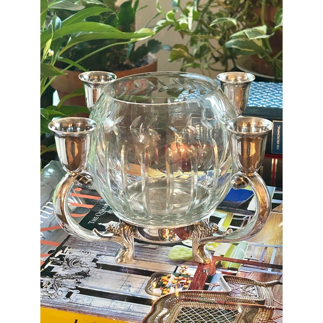 Mid-Century Modern Mid 20th Century Reed and Barton #331 Silver Plate 4 Arm Candle Holder Centerpiece With Cut Crystal Bowl For Sale - Image 3 of 12