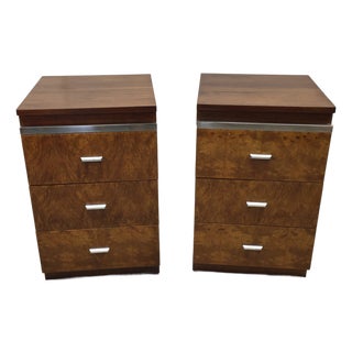 Pair of Walnut Three Drawer Nightstands With Burl Fronts and Silver Accents by National Mt. Airy For Sale