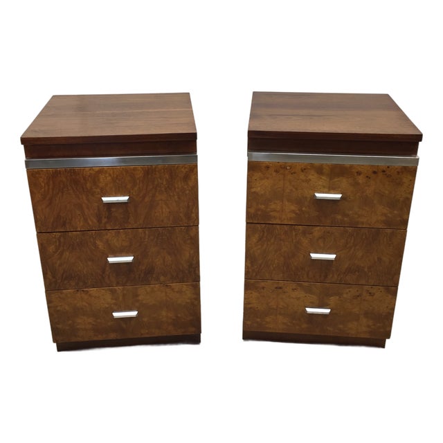 Pair of Walnut Three Drawer Nightstands With Burl Fronts and Silver Accents by National Mt. Airy For Sale