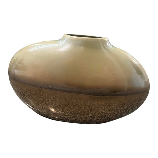 Vintage Postmodern 1980s Gold and Green Ceramic Bean Pill Shaped Vase Art Deco For Sale