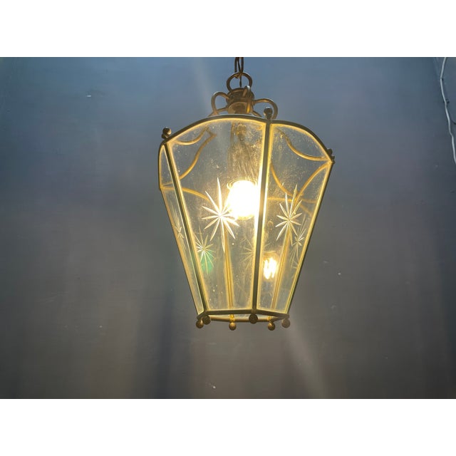 Vintage Brass Etched Glass Latern Pendant Light, 1950s For Sale - Image 8 of 9