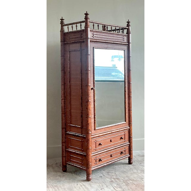 Wood Vintage Boho Carved Bamboo Armoire For Sale - Image 7 of 8