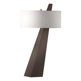 Obelisk Table Lamp - Dark Walnut Wood, White Cotton-Linen Shade For Sale