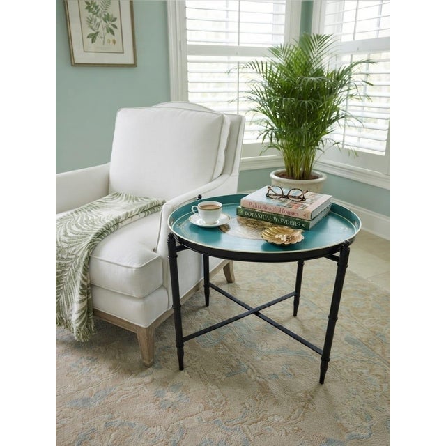 Vintage Chinoiserie-Style Teal and Black Metal Tray Table For Sale - Image 9 of 11