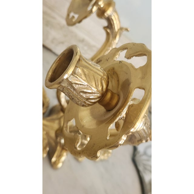 Vintage Chinese Lacquered Brass Lyre-Form Double-Arm Candle Wall Sconce For Sale - Image 16 of 18