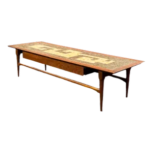 Mid-Century California Modern Dunbar Style Inlaid Mosaic Tile Top Walnut Coffee Table