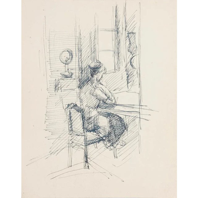 Raymond Cazanove, Reader, Original Pen on Paper, Mid-20th Century For Sale - Image 3 of 3