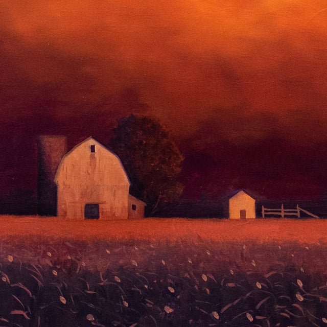 Summer Evening by Michael Miller | Oil on Panel Landscape with barns under a dramatic sky For Sale - Image 4 of 5
