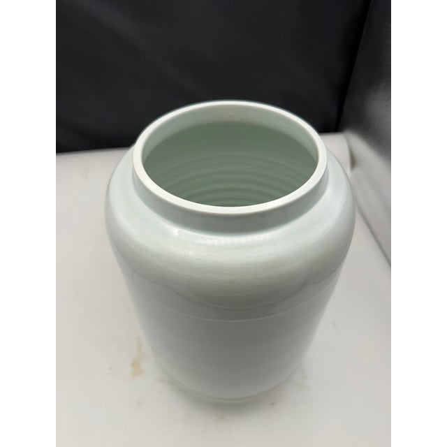 A decorative ceramic Delft apothecary jar featuring the inscription 'Folia Digitalis' and a detailed hand-painted design...