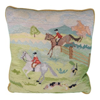 Hand-Needlepoint Fox-Hunt Scene Celadon Pillow For Sale