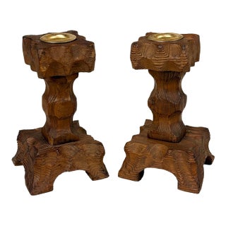 Vintage Brutalist Tiki Carved Wood Candlestick Holders - A Pair For Sale