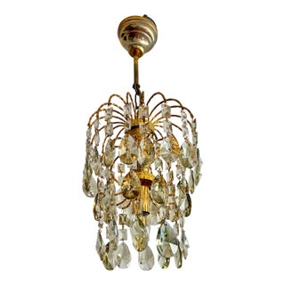 1970s French Style Hand-Painted Soft Green Crystal Waterfall Brass Chandelier For Sale