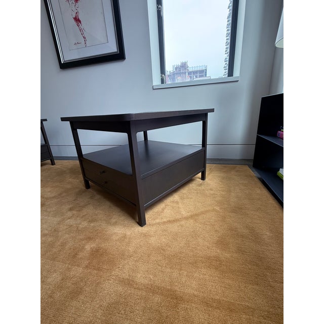 Mid-Century Modern Pair of Vintage Milo Baughman Style End Tables in Dark Walnut (C. 1960s) For Sale - Image 3 of 9