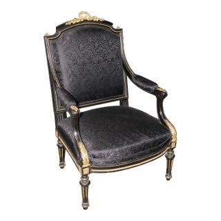 Fine Quality Distressed Ebonized French Bronze Mounted Louis XVI Armchair For Sale