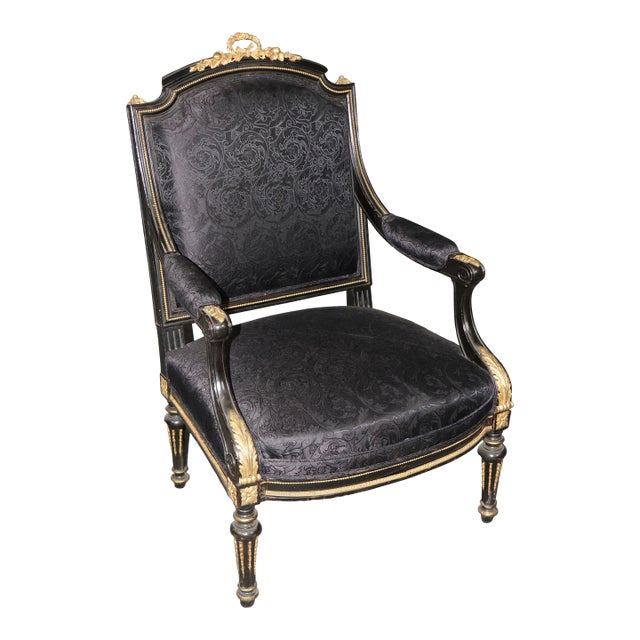 Fine Quality Distressed Ebonized French Bronze Mounted Louis XVI Armchair For Sale